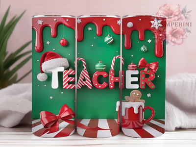 3D Merry Christmas Teacher Tumbler, Merry Christmas Teacher Wrap, Festive Teacher Sublimation, Holiday Teacher Cup, 20Oz Skinny Tumbler Wrap, Teacher Christmas Mug, Jolly Holiday Design Sublimation Li Zamperini 