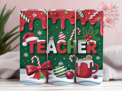 3D Merry Christmas Teacher Tumbler, Merry Christmas Teacher Wrap, Festive Teacher Sublimation, Holiday Teacher Cup, 20Oz Skinny Tumbler Wrap, Teacher Christmas Mug, Jolly Holiday Design Sublimation Li Zamperini 