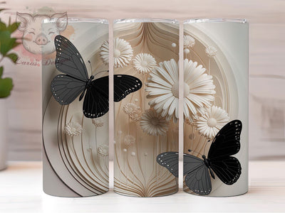 3D Monochrome Butterfly Tumbler, Black White Tumbler, Elegant 20oz Wrap, Sublimation Design, Stylish Gift Idea, Monochrome Wrap, 3D Floral Butterfly Tumbler Sublimation Lara' s Designs 