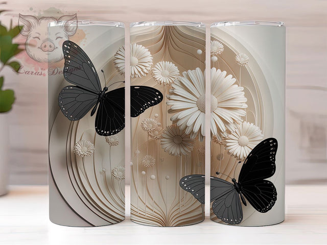 3D Monochrome Butterfly Tumbler, Black White Tumbler, Elegant 20oz Wrap, Sublimation Design, Stylish Gift Idea, Monochrome Wrap, 3D Floral Butterfly Tumbler Sublimation Lara' s Designs 