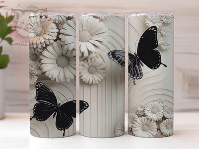 3D Monochrome Butterfly Tumbler, Black White Tumbler, Elegant 20oz Wrap, Sublimation Design, Stylish Gift Idea, Monochrome Wrap, 3D Floral Butterfly Tumbler Sublimation Lara' s Designs 
