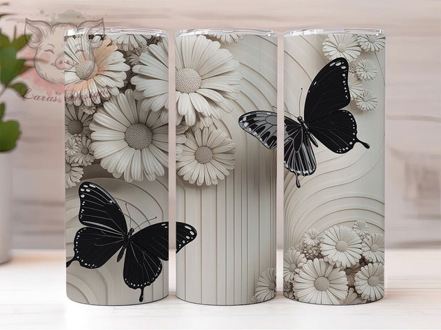 3D Monochrome Butterfly Tumbler, Black White Tumbler, Elegant 20oz Wrap, Sublimation Design, Stylish Gift Idea, Monochrome Wrap, 3D Floral Butterfly Tumbler Sublimation Lara' s Designs 