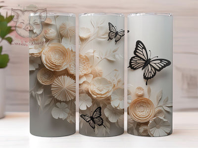 3D Monochrome Butterfly Tumbler, Black White Tumbler, Elegant 20oz Wrap, Sublimation Design, Stylish Gift Idea, Monochrome Wrap, 3D Floral Butterfly Tumbler Sublimation Lara' s Designs 