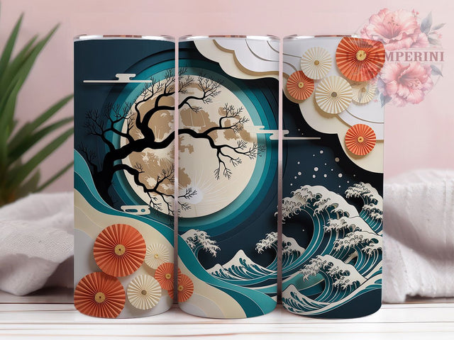 3D Moonlight Asian Paper-Cut Festival Tumbler, 3D Moonlight Wrap, 20Oz Skinny Tumbler, Lunar Festival Design, Oriental Art Sublimation, Night Sky Drinkware, Elegant Moon Tumbler Sublimation Li Zamperini 