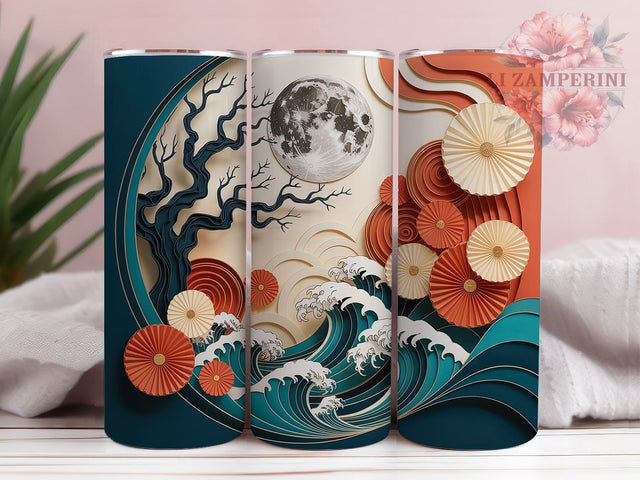 3D Moonlight Asian Paper-Cut Festival Tumbler, 3D Moonlight Wrap, 20Oz Skinny Tumbler, Lunar Festival Design, Oriental Art Sublimation, Night Sky Drinkware, Elegant Moon Tumbler Sublimation Li Zamperini 
