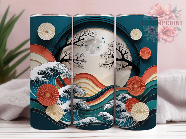 3D Moonlight Asian Paper-Cut Festival Tumbler, 3D Moonlight Wrap, 20Oz Skinny Tumbler, Lunar Festival Design, Oriental Art Sublimation, Night Sky Drinkware, Elegant Moon Tumbler Sublimation Li Zamperini 