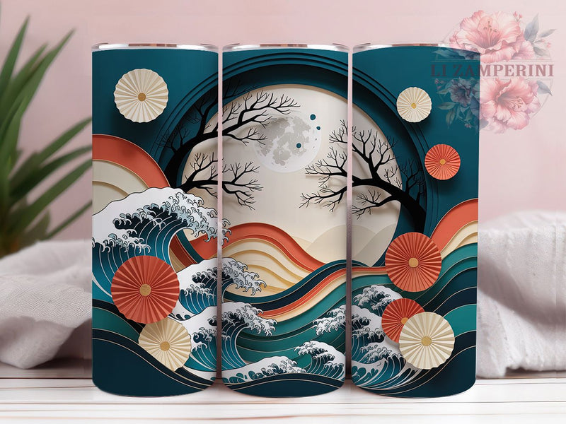 3D Moonlight Asian Paper-Cut Festival Tumbler, 3D Moonlight Wrap, 20Oz Skinny Tumbler, Lunar Festival Design, Oriental Art Sublimation, Night Sky Drinkware, Elegant Moon Tumbler Sublimation Li Zamperini 