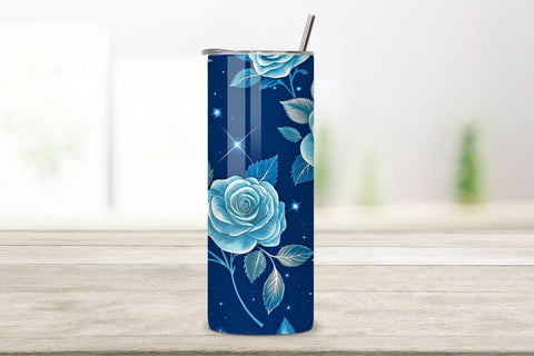 3D Moonlit Rose Seamless Tumbler Wrap, Silver-Blue Roses with Glow Effects, seamless tumbler wrap, moonlit rose design, night floral wrap, silver blue glow, luminous rose arrangement, 20oz skinny tumbler Sublimation FloridPrintables 