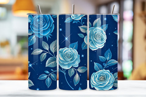 3D Moonlit Rose Seamless Tumbler Wrap, Silver-Blue Roses with Glow Effects, seamless tumbler wrap, moonlit rose design, night floral wrap, silver blue glow, luminous rose arrangement, 20oz skinny tumbler Sublimation FloridPrintables 