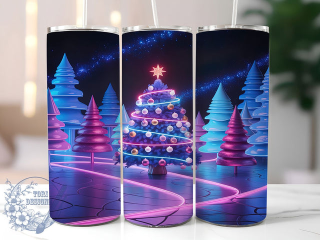 3D Neon Christmas Tree Tumbler, Neon Holiday Wrap, Festive Tree Sublimation Design, Bright Christmas Cup, 20Oz Skinny Tumbler Wrap, Glowing Holiday Mug, Modern Neon Christmas Design Sublimation ToriDesigns 