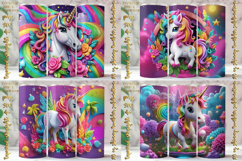 3D Neon Colors Unicorn Design 20 Oz Skinny Tumbler, 4 design Sublimation oyonnidesign 