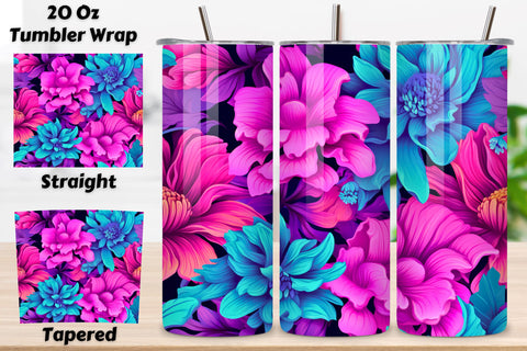 3D Neon Floral Fantasy Tumbler wrap, Seamless Wrap PNG Sublimation FloridPrintables 