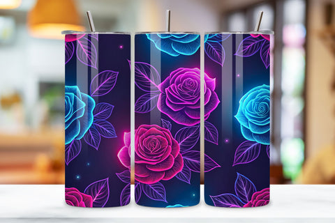 3D Neon Glow Rose Seamless Tumbler Wrap, Electric Pink and Blue Roses, seamless tumbler wrap, neon rose design, electric floral wrap, pink blue roses, watercolor neon design, 20oz skinny tumbler, tapered tumbler wrap, straight tumbler design Sublimation FloridPrintables 