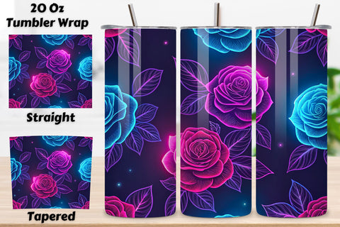 3D Neon Glow Rose Seamless Tumbler Wrap, Electric Pink and Blue Roses, seamless tumbler wrap, neon rose design, electric floral wrap, pink blue roses, watercolor neon design, 20oz skinny tumbler, tapered tumbler wrap, straight tumbler design Sublimation FloridPrintables 