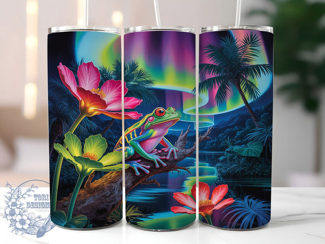 3D Neon Glowing Frog Tumbler, Glowing Frog Pattern, Neon Amphibian Design, 20Oz Sublimation Wrap, Vibrant Frog Art, Electric Animal Texture, Tumbler Sublimation Sublimation ToriDesigns 