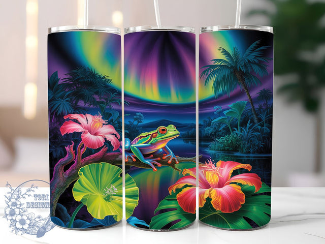 3D Neon Glowing Frog Tumbler, Glowing Frog Pattern, Neon Amphibian Design, 20Oz Sublimation Wrap, Vibrant Frog Art, Electric Animal Texture, Tumbler Sublimation Sublimation ToriDesigns 