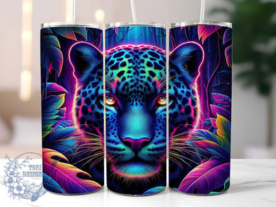 3D Neon Jungle Jaguar Tumbler, Forest Wildlife Tumbler, 3D Jaguar Wrap, Vibrant Jungle Wrap, Artistic Neon Wrap, Sublimation Design, Trendy Gift Idea Sublimation ToriDesigns 