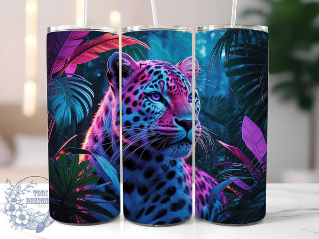 3D Neon Jungle Jaguar Tumbler, Forest Wildlife Tumbler, 3D Jaguar Wrap, Vibrant Jungle Wrap, Artistic Neon Wrap, Sublimation Design, Trendy Gift Idea Sublimation ToriDesigns 