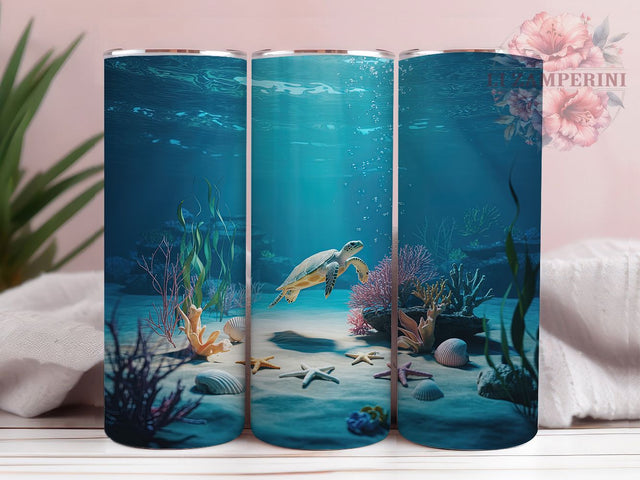 3D Ocean Sea Turtle Tumbler, Ocean Wrap Design, 3D Marine Pattern, Sublimation Cup, 20oz Skinny Tumbler, Coastal Drinkware, Tropical Style Sublimation Li Zamperini 
