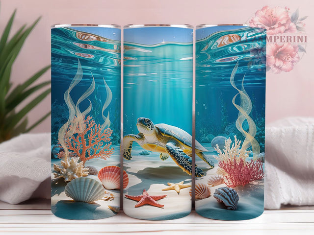 3D Ocean Sea Turtle Tumbler, Ocean Wrap Design, 3D Marine Pattern, Sublimation Cup, 20oz Skinny Tumbler, Coastal Drinkware, Tropical Style Sublimation Li Zamperini 