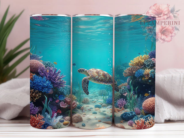 3D Ocean Sea Turtle Tumbler, Ocean Wrap Design, 3D Marine Pattern, Sublimation Cup, 20oz Skinny Tumbler, Coastal Drinkware, Tropical Style Sublimation Li Zamperini 