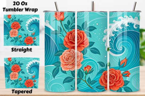 3D Ocean Wave Rose Seamless Tumbler Wrap, Turquoise and Coral Roses, seamless tumbler wrap, ocean rose design, wave floral wrap, turquoise coral roses, watercolor ocean design, 20oz skinny tumbler, tapered tumbler wrap, straight tumbler design Sublimation FloridPrintables 
