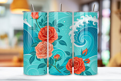 3D Ocean Wave Rose Seamless Tumbler Wrap, Turquoise and Coral Roses, seamless tumbler wrap, ocean rose design, wave floral wrap, turquoise coral roses, watercolor ocean design, 20oz skinny tumbler, tapered tumbler wrap, straight tumbler design Sublimation FloridPrintables 
