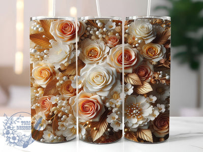 3D Orange White Roses Tumbler, 3D Floral Wrap, Gold Detail Rose Cup, 20oz Sublimation Wrap, Stylish Rose Design Tumbler, Artistic Orange White Rose Cup, Elegant Gold Floral Theme Wrap Sublimation ToriDesigns 