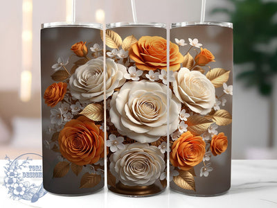 3D Orange White Roses Tumbler, 3D Floral Wrap, Gold Detail Rose Cup, 20oz Sublimation Wrap, Stylish Rose Design Tumbler, Artistic Orange White Rose Cup, Elegant Gold Floral Theme Wrap Sublimation ToriDesigns 