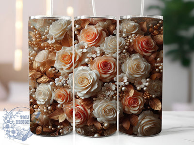 3D Orange White Roses Tumbler, 3D Floral Wrap, Gold Detail Rose Cup, 20oz Sublimation Wrap, Stylish Rose Design Tumbler, Artistic Orange White Rose Cup, Elegant Gold Floral Theme Wrap Sublimation ToriDesigns 