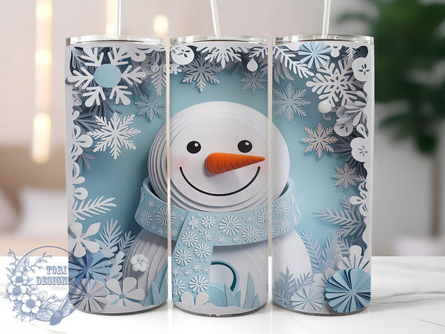 3D Paper Art Snowman Tumbler, 3D Design, Christmas Wrap, Holiday Tumbler, 20oz Tumbler, Winter Sublimation, Festive Pattern Sublimation ToriDesigns 