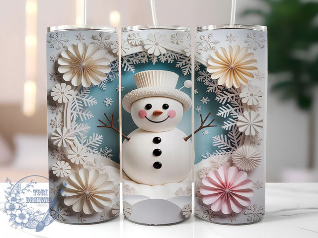 3D Paper Art Snowman Tumbler, 3D Design, Christmas Wrap, Holiday Tumbler, 20oz Tumbler, Winter Sublimation, Festive Pattern Sublimation ToriDesigns 