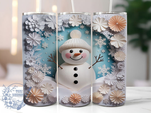 3D Paper Art Snowman Tumbler, 3D Design, Christmas Wrap, Holiday Tumbler, 20oz Tumbler, Winter Sublimation, Festive Pattern Sublimation ToriDesigns 