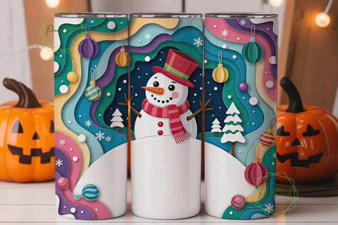 3D Paper-Cut Snowman Christmas Tumbler Sublimation PixelChick 