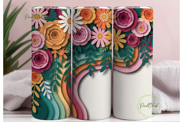 3D Paper Flowers 20oz Tumbler Wrap Sublimation PixelChick 
