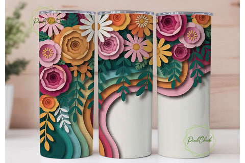 3D Paper Flowers 20oz Tumbler Wrap Sublimation PixelChick 