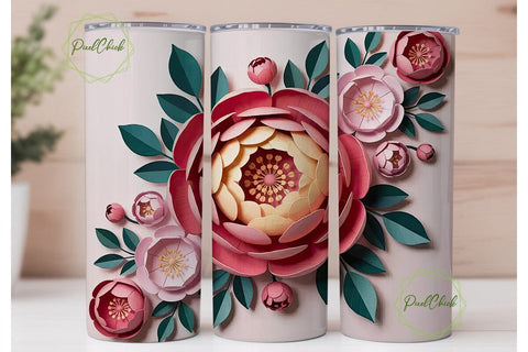 3D Paper Flowers 20oz Tumbler Wrap Sublimation PixelChick 