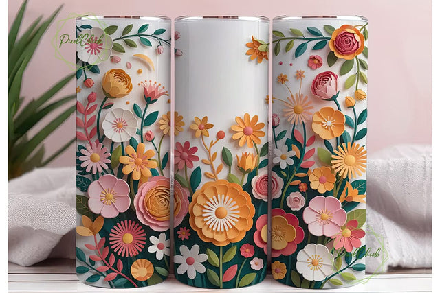 3D Paper Flowers 20oz Tumbler Wrap Sublimation PixelChick 