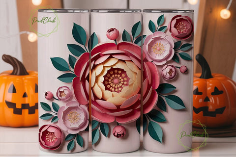 3D Paper Flowers 20oz Tumbler Wrap Sublimation PixelChick 