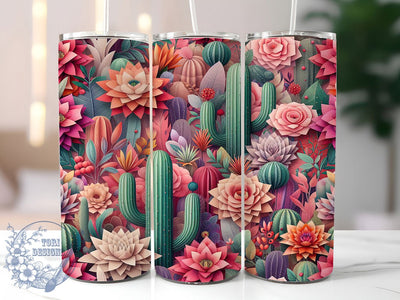 3D Paper Quill Cactus Tumbler, 3D Flower Tumbler, Whimsical Cactus Wrap, Paper Quill Wrap, Vibrant Floral Wrap, Sublimation Design, Trendy Gift Idea Sublimation ToriDesigns 