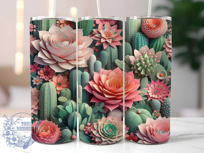 3D Paper Quill Cactus Tumbler, 3D Flower Tumbler, Whimsical Cactus Wrap, Paper Quill Wrap, Vibrant Floral Wrap, Sublimation Design, Trendy Gift Idea Sublimation ToriDesigns 