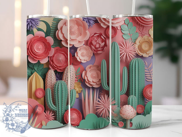 3D Paper Quill Cactus Tumbler, 3D Flower Tumbler, Whimsical Cactus Wrap, Paper Quill Wrap, Vibrant Floral Wrap, Sublimation Design, Trendy Gift Idea Sublimation ToriDesigns 