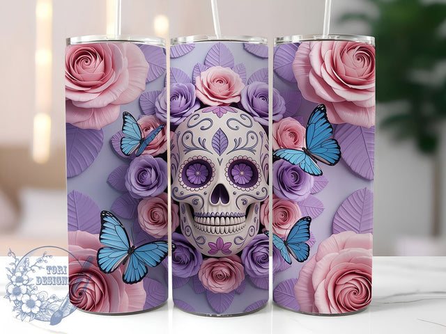 3D Pastel Floral Sugar Skull Tumbler, Floral Skull Wrap, Butterfly Halloween Cup, 20Oz Sublimation Design, Pastel Skull Drinkware, Sugar Skull With Flowers, Dia De Los Muertos Tumbler Sublimation ToriDesigns 