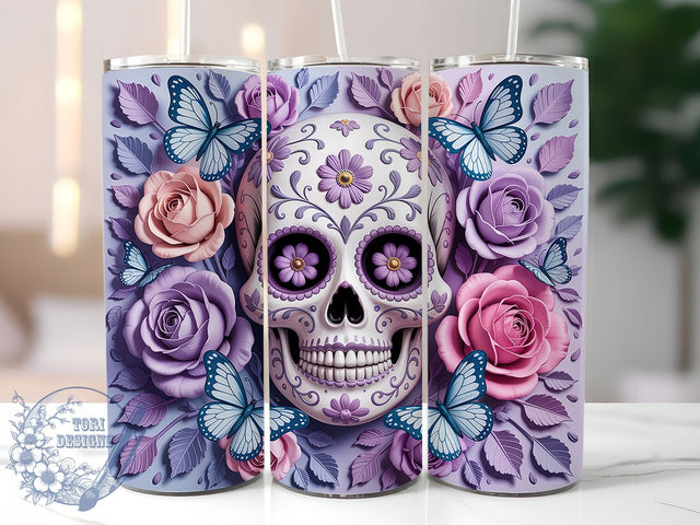 3D Pastel Floral Sugar Skull Tumbler, Floral Skull Wrap, Butterfly Halloween Cup, 20Oz Sublimation Design, Pastel Skull Drinkware, Sugar Skull With Flowers, Dia De Los Muertos Tumbler Sublimation ToriDesigns 