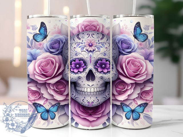 3D Pastel Floral Sugar Skull Tumbler, Floral Skull Wrap, Butterfly Halloween Cup, 20Oz Sublimation Design, Pastel Skull Drinkware, Sugar Skull With Flowers, Dia De Los Muertos Tumbler Sublimation ToriDesigns 