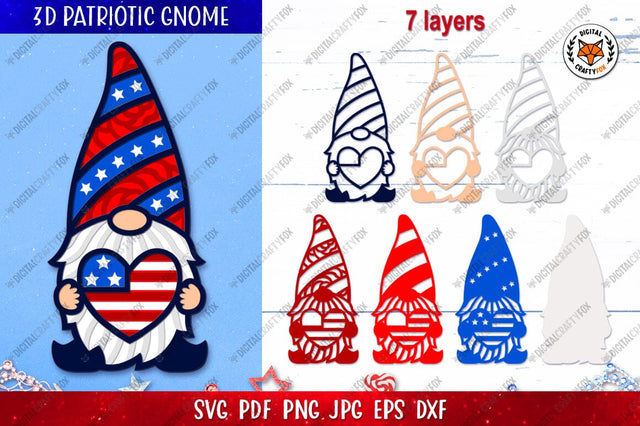 3D Patriotic Gnome Heart Paper Cut SVG, 4th of July Gnome 3D Paper Digital Craftyfox 