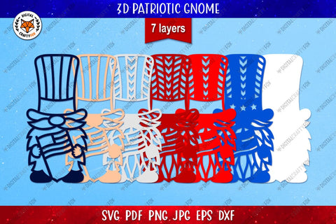 3D Patriotic Gnome Paper Cut SVG, Gnome with American Flag 3D Paper Digital Craftyfox 
