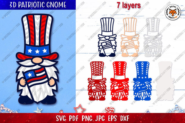 3D Patriotic Gnome Paper Cut SVG, Gnome with American Flag 3D Paper Digital Craftyfox 