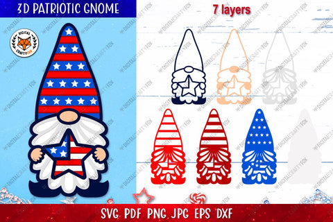 3D Patriotic Gnome Star Paper Cut SVG, 4th of July Gnome 3D Paper Digital Craftyfox 