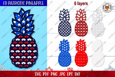 3D Patriotic Pineapple Paper Cut SVG, 4th of July Paper Cut 3D Paper Digital Craftyfox 
